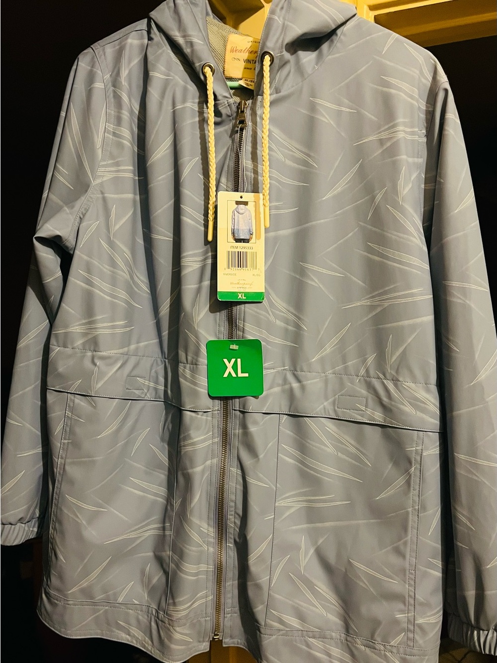 Weatherproof Light Blue Hooded Windbreaker Jacket with Yellow Drawcords